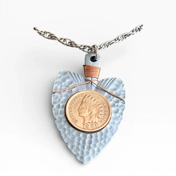 Vintage Ronte Of Hollywood 1901 Indian Head Penny Arrow Head Pendant Necklace - Picture 2 of 5